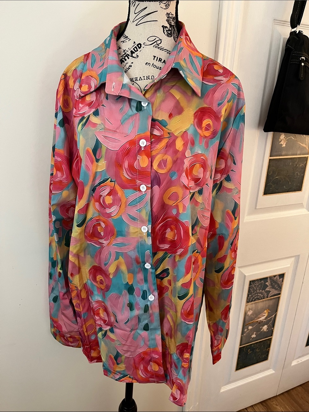Floral Button-Down Blouse in Pink & Teal